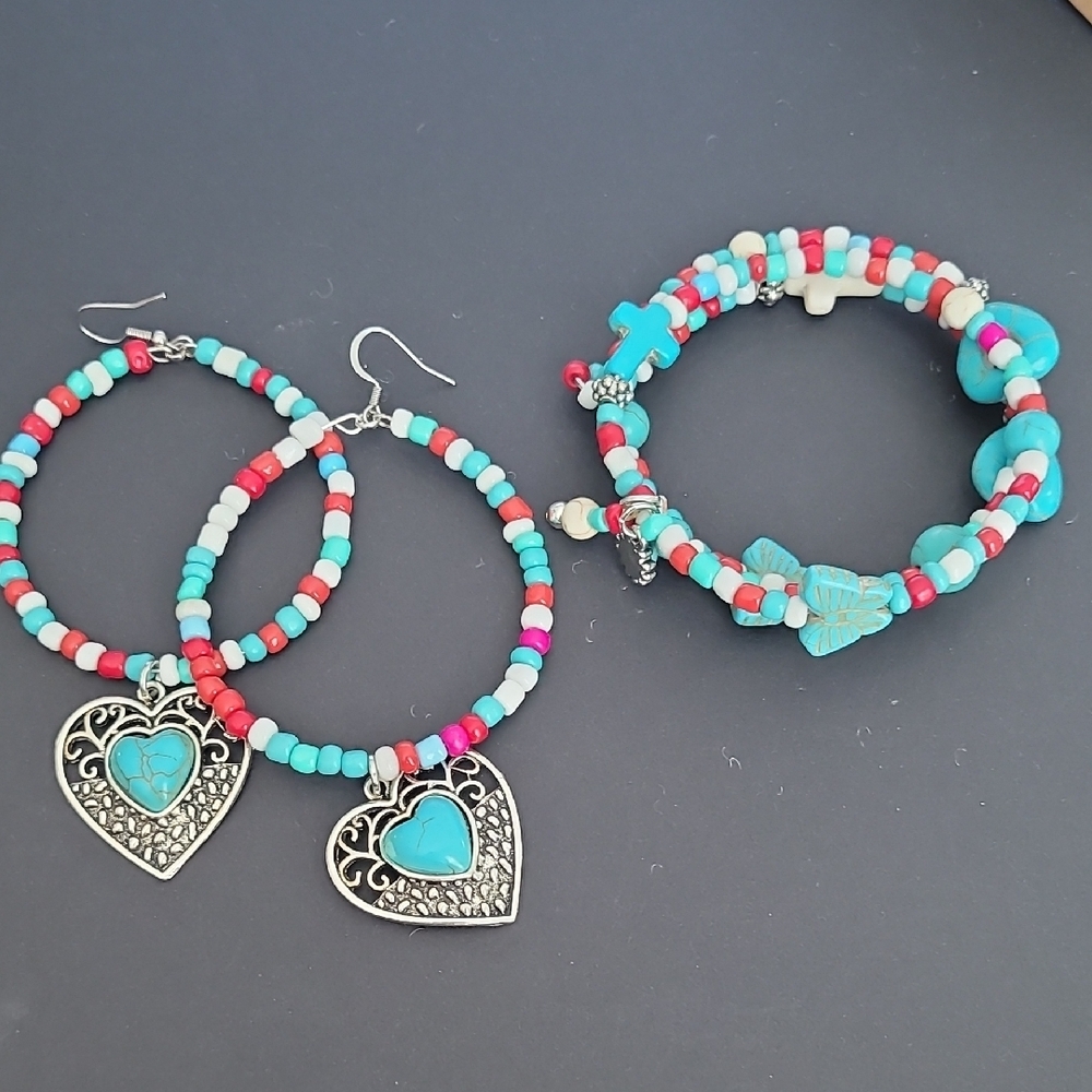 Turquoise and Silver Heart Beaded Jewelry Set